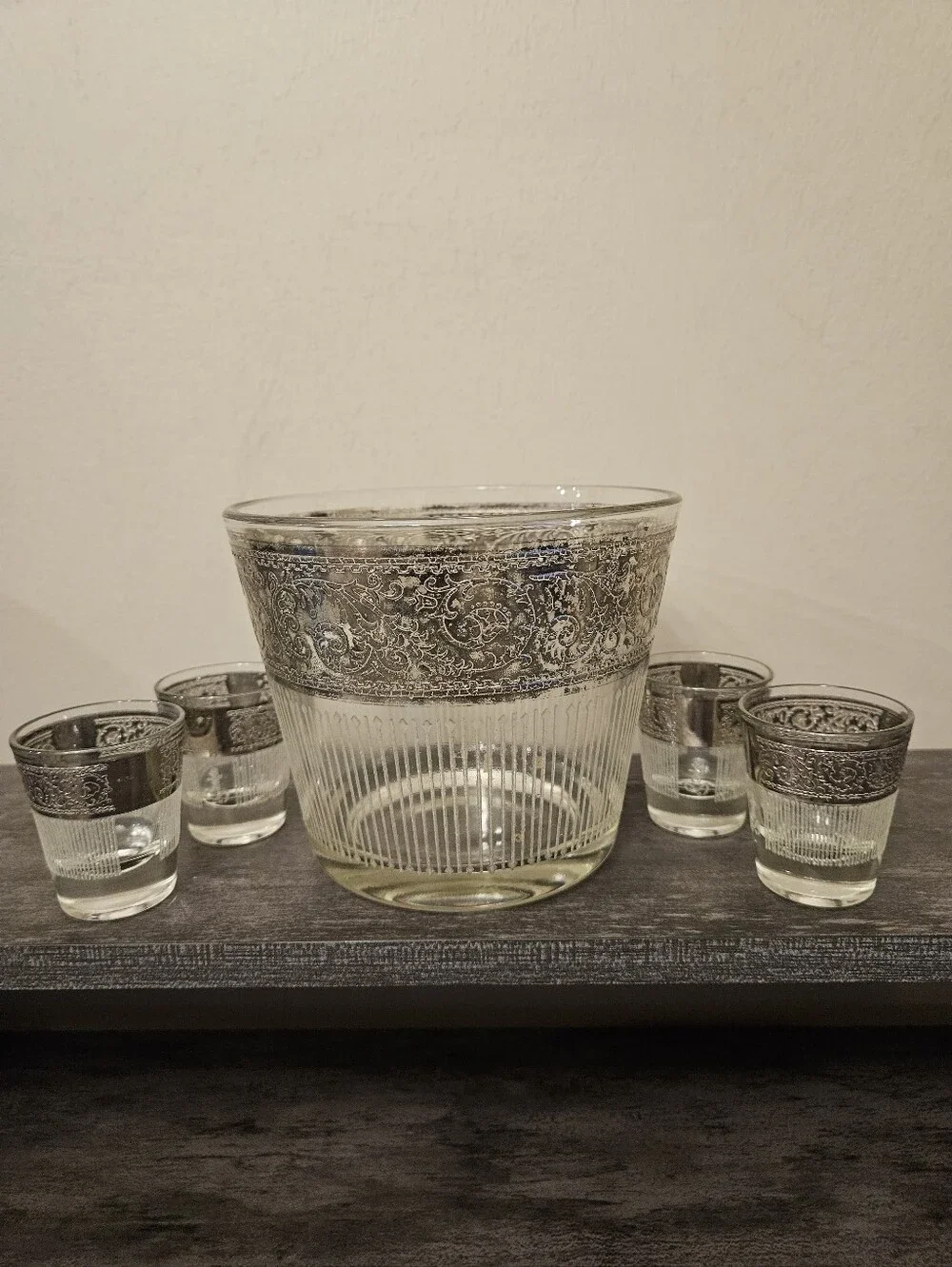 Vintage Starlyte MCM Silver Filigree Ice Bucket & 4 Shot Glasses